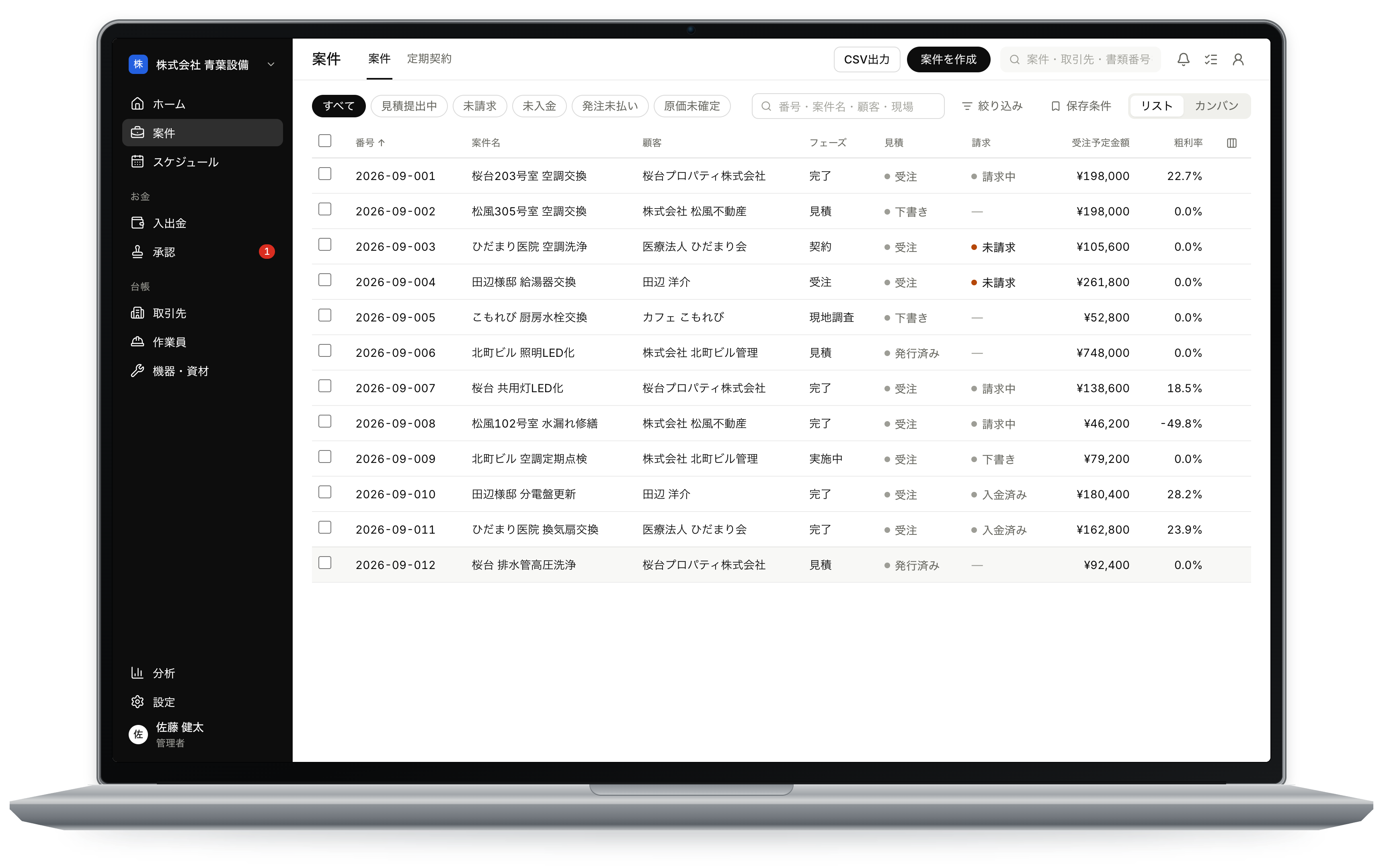 業務DXパッケージのPC版・案件一覧画面